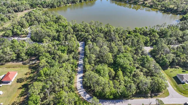 an aerial view of a house with a yard and lake view
