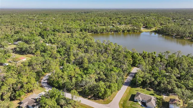 an aerial view of residential houses with outdoor space and lake view