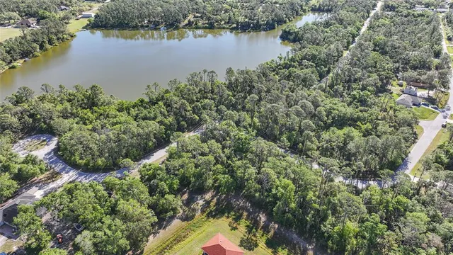 an aerial view of residential houses with outdoor space and lake view