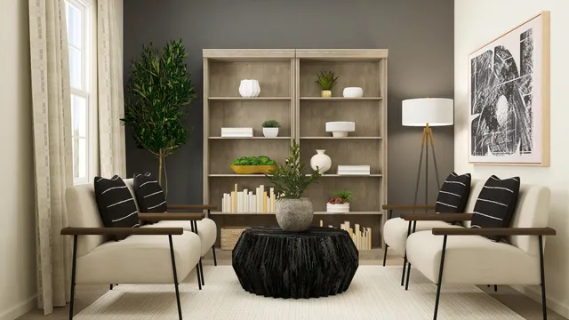 a living room with furniture and wooden floor and a window