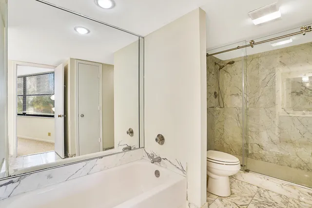 a bathroom with a bathtub shower sink vanity and toilet