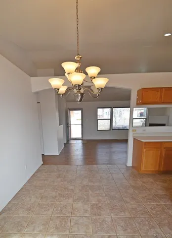 a view of a room with a chandelier