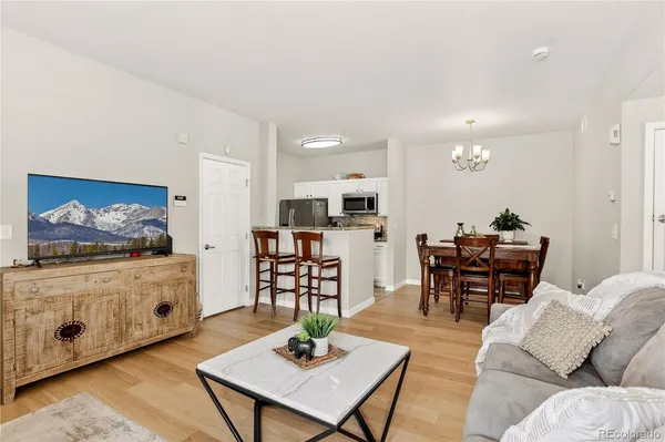 a living room with furniture and a dining table with kitchen view