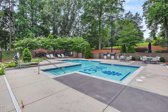 a garden view with a seating space