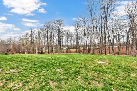 a view of a big house with a big yard and large trees