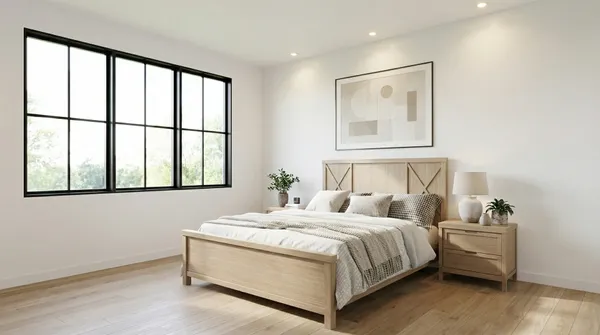 a bedroom with a bed and a large window