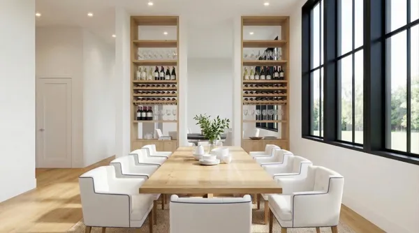 a view of a dining room with furniture and window