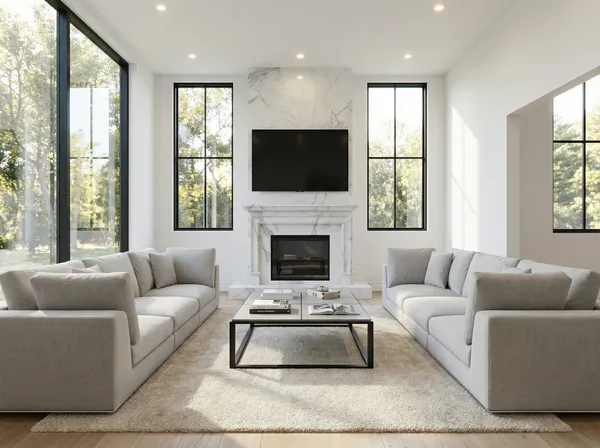 a living room with furniture a flat screen tv and a fireplace