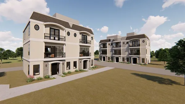 a front view of a building with large street