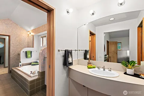 a bathroom with sink and mirror