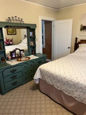 a bedroom with a bed and a tv on the dresser