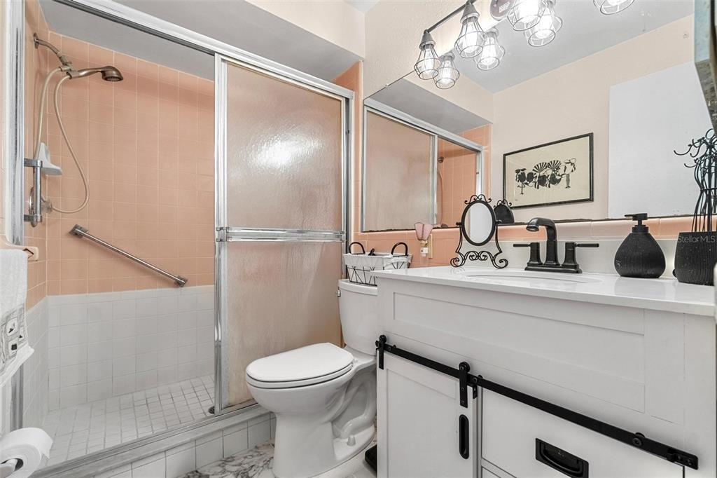 610 Indian Rocks Road North, Unit 103 Belleair Bluffs, FL 33770 - Photo 17 of 23 a bathroom with a sink a toilet a mirror and shower