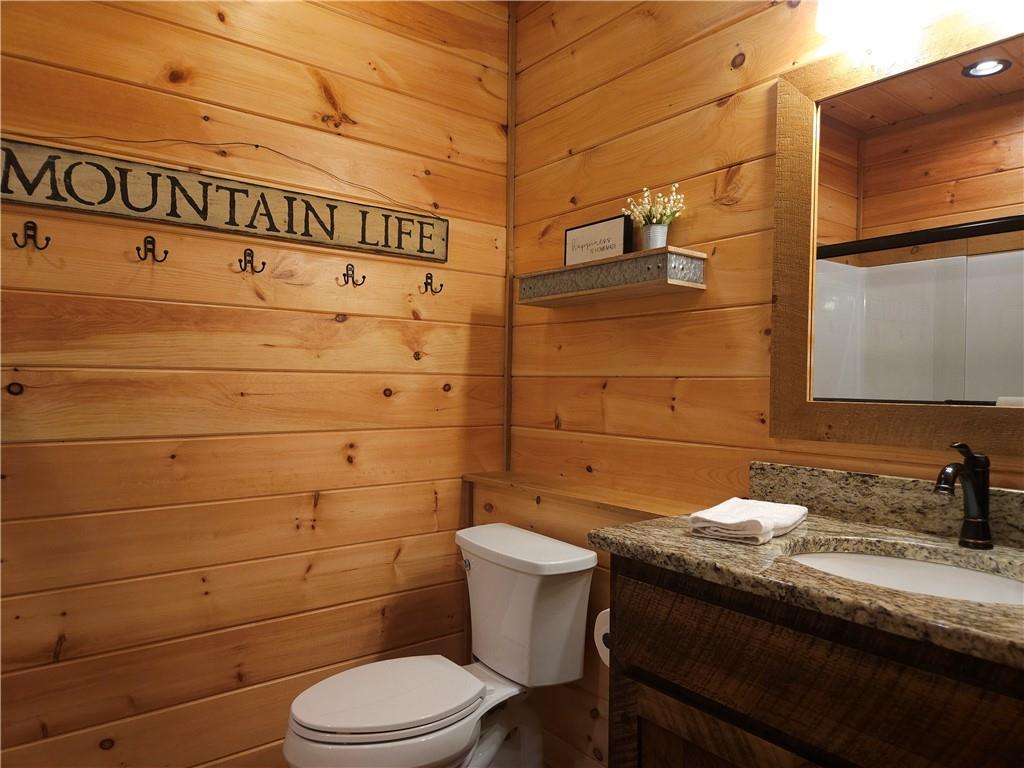 101 Hothouse Drive Mineral Bluff, GA 30559 - Photo 46 of 63 a bathroom with a granite countertop toilet sink and mirror