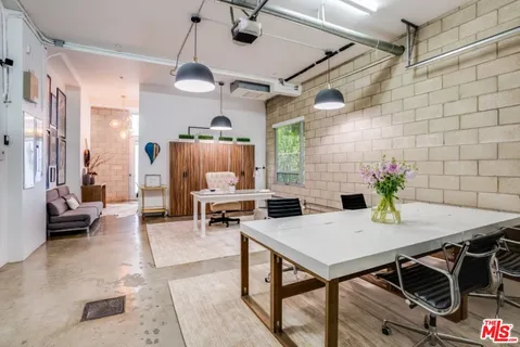 a workspace with chandelier