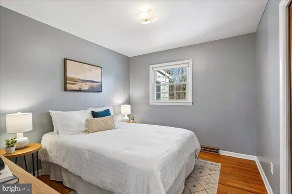 a bedroom with bed and night stand