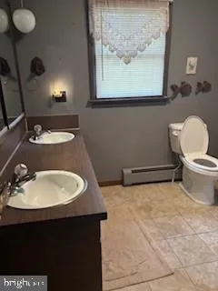 a bathroom with a sink a toilet and mirror