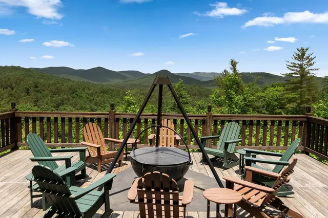 a view of a balcony with wooden floor
