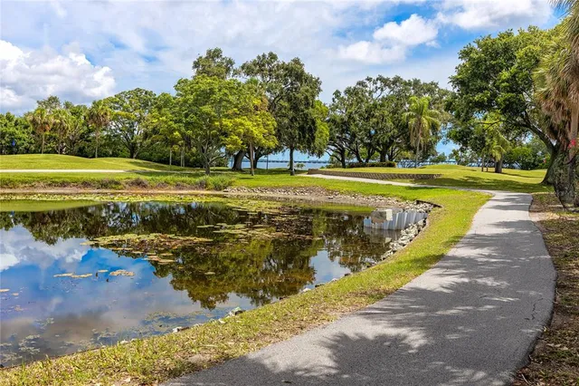 a view of a swimming pool with a yard and a garden