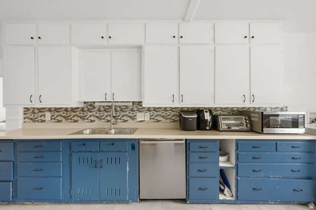 707 East 150 South Provo, UT 84606 - Photo 9 of 31 Kitchen featuring white upper cabinetry, blue lower cabinetry, a mosaic tile backsplash, double basin sink with a high-arc faucet, and a built-in dishwasher