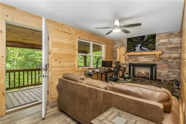 a living room with furniture and a table