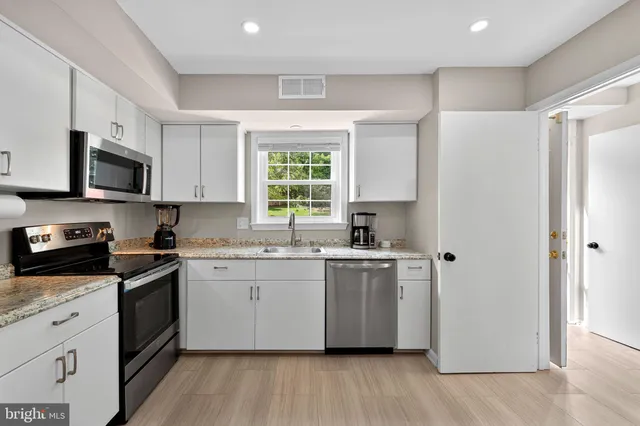 a kitchen with stainless steel appliances a refrigerator stove and sink