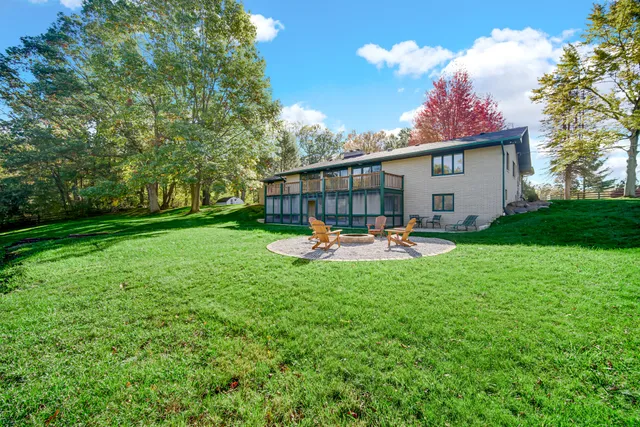 a view of a lake with a yard