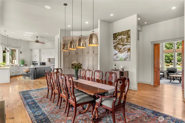 a view of a dining room with furniture