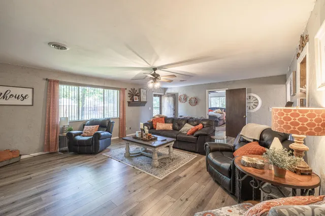 a living room with furniture ceiling fan and a rug
