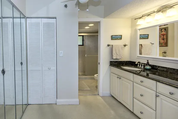 a bathroom with a granite countertop sink a shower and a mirror
