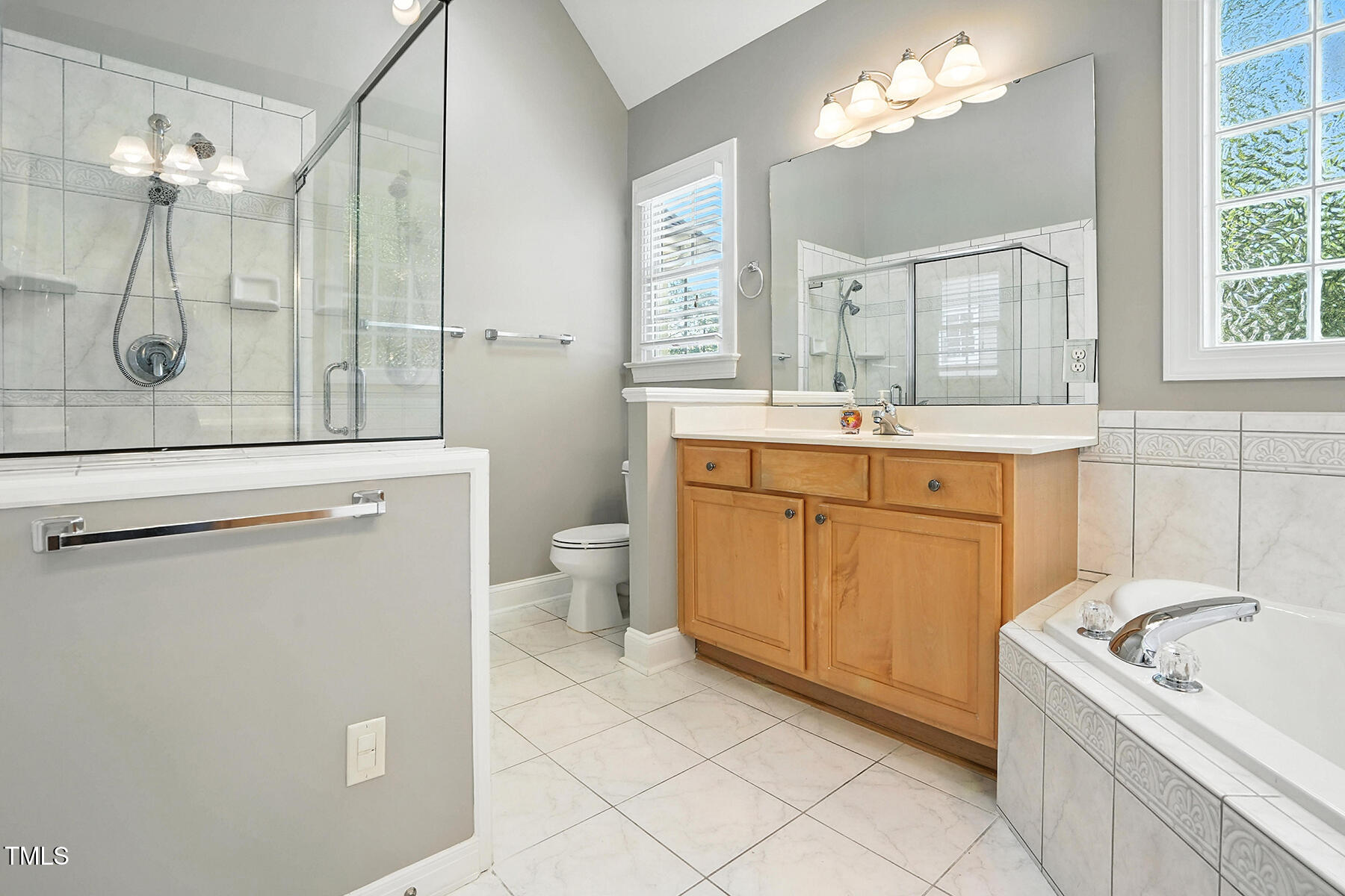 104 Vatersay Drive Apex, NC 27502 - Photo 21 of 30 a bathroom with a granite countertop sink a toilet a mirror and shower