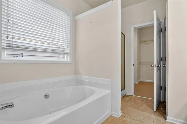 a bathroom with a bathtub and a shower