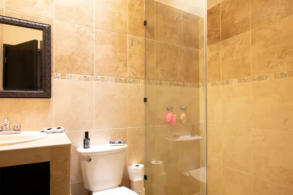 a bathroom with a sink a toilet and shower