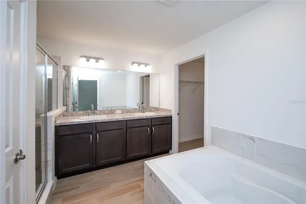 a bathroom with a tub a double vanity sink and mirror