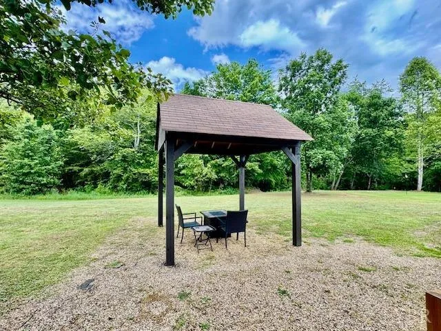 a backyard of a house with plants and large trees