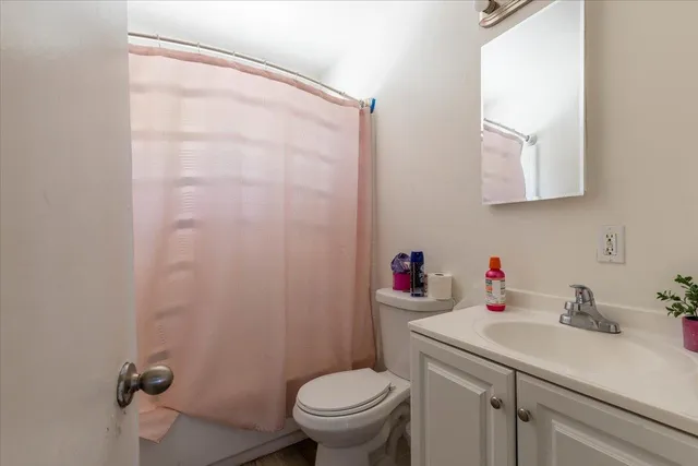 a bathroom with a sink toilet and a mirror