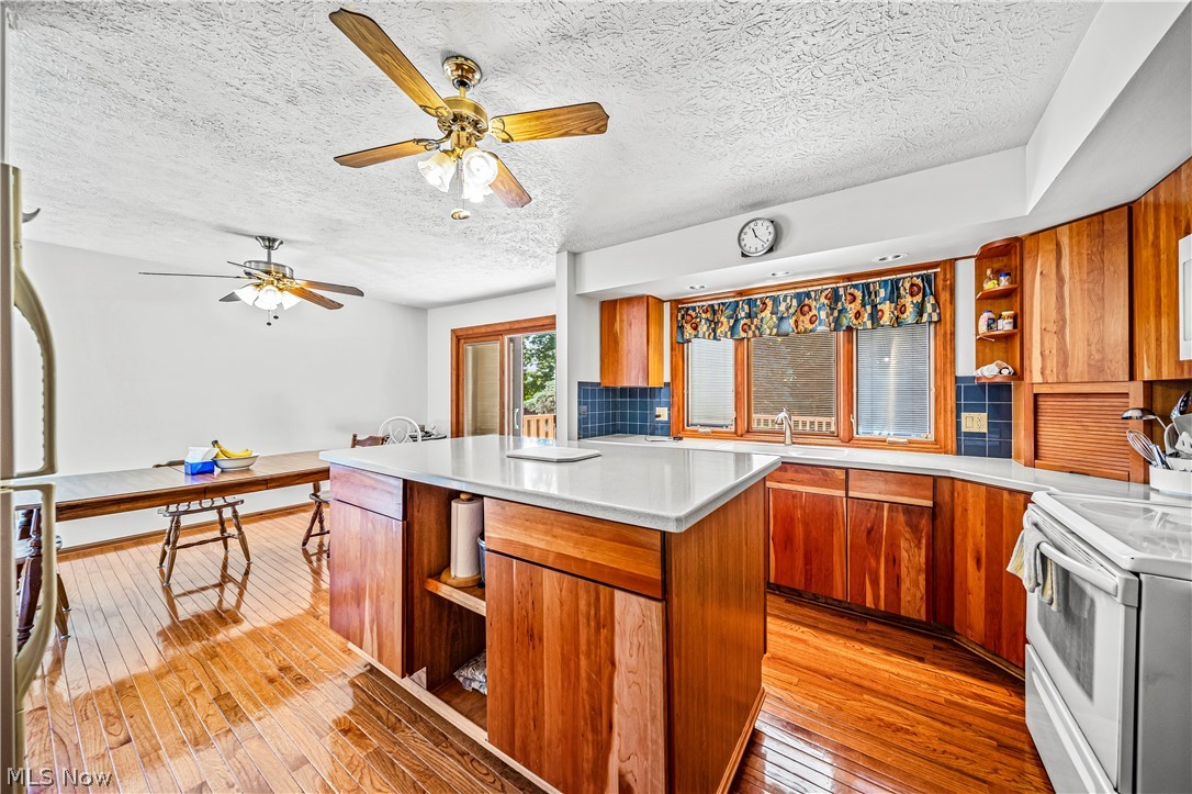 3010 Narrows Road Perry, OH 44081 - Photo 11 of 42 Kitchen with plenty of counter space/storage , a kitchen island, ceiling fan and light wood flooring.