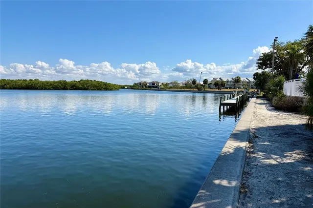 a view of a lake with houses in the background