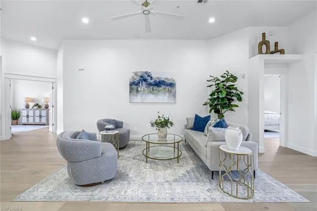 a living room with furniture and a potted plant