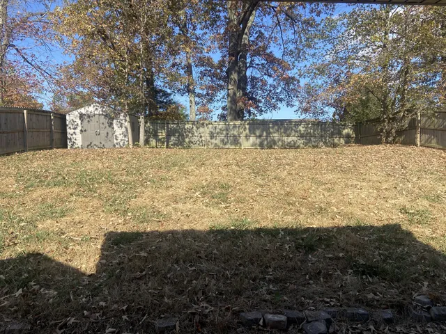 a view of a backyard with wooden fence