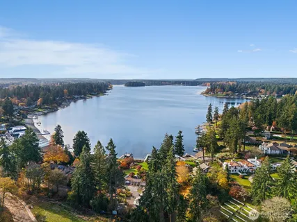 a view of a lake with a city