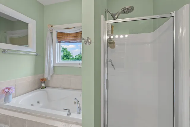 a bathroom with a bathtub and a shower