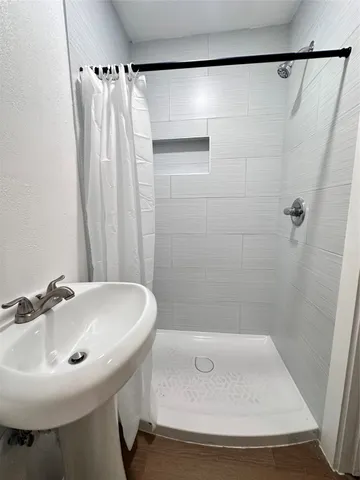 a bathroom with a sink and a shower