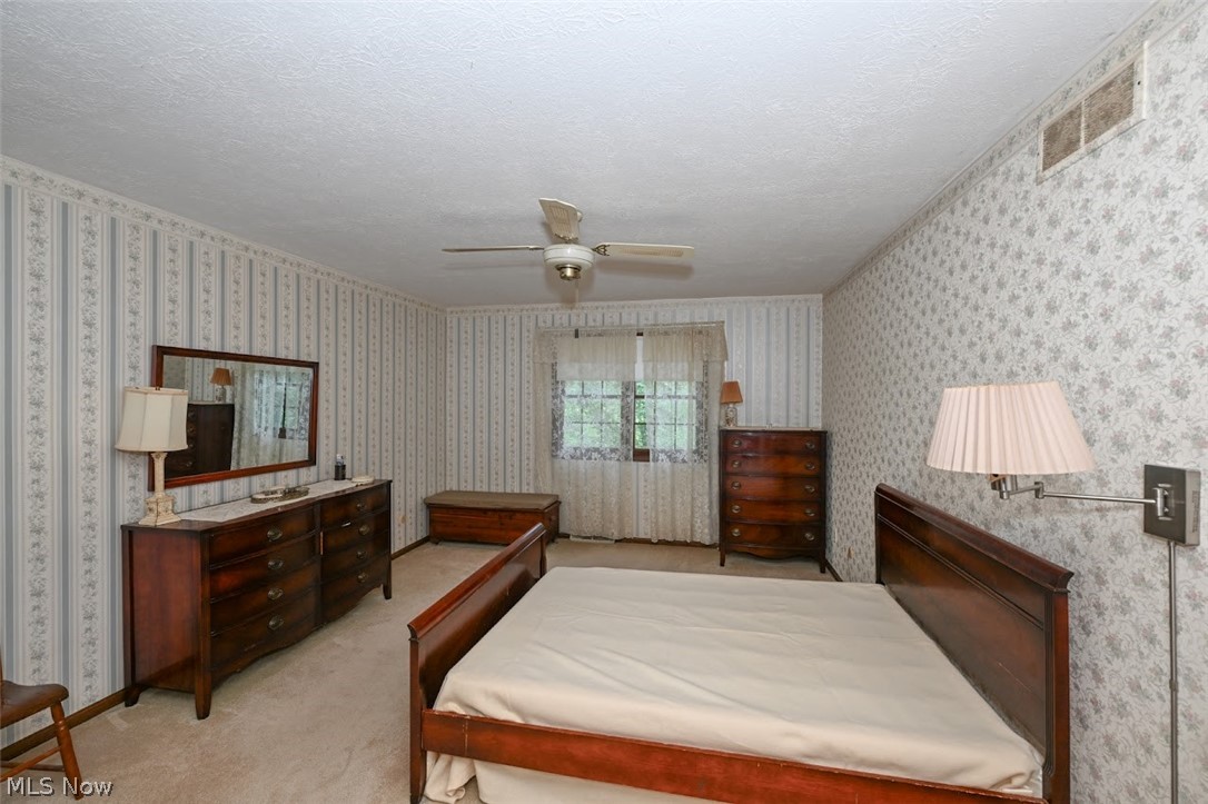 758 Inverness Road Akron, OH 44313 - Photo 24 of 46 Owner's bedroom featuring light carpet, a textured ceiling, and ceiling fan