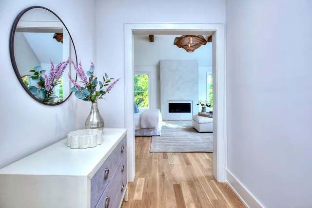 a living room with furniture and a potted plant