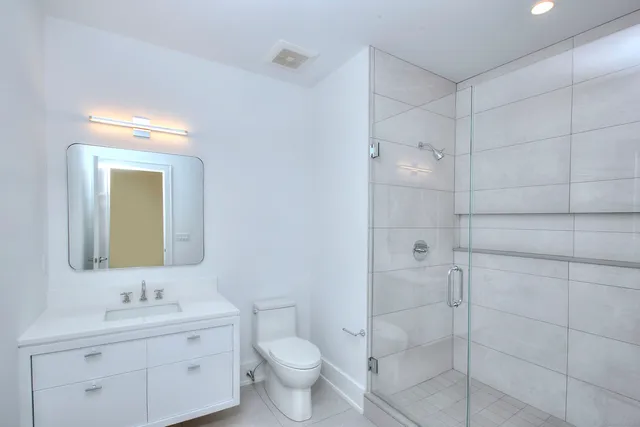 a bathroom with a toilet a sink a mirror a shower a vanity and window