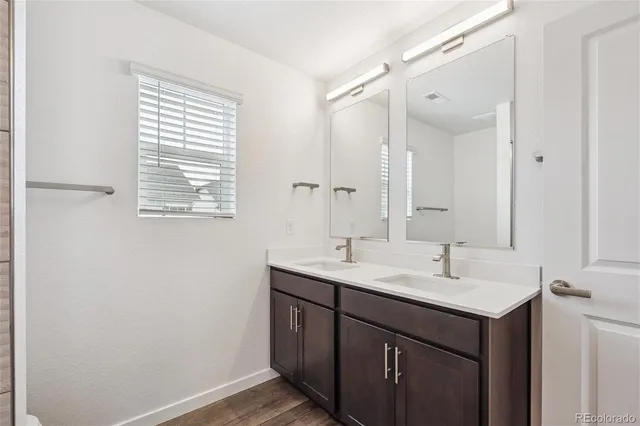 a bathroom with a sink double vanity and a mirror