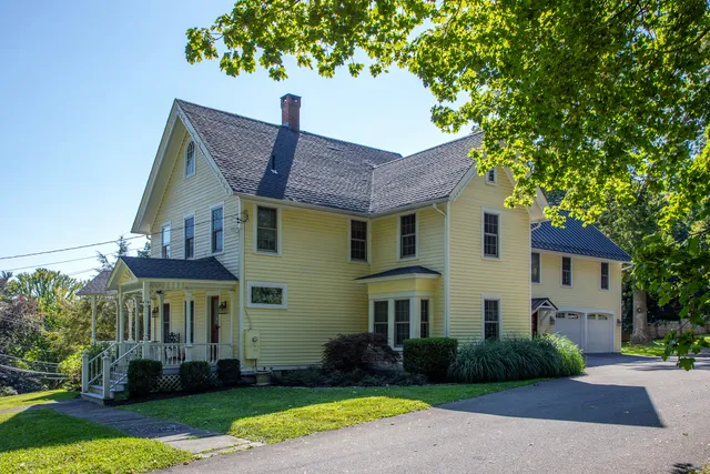 a view of a white house with a yard plants and a large tree