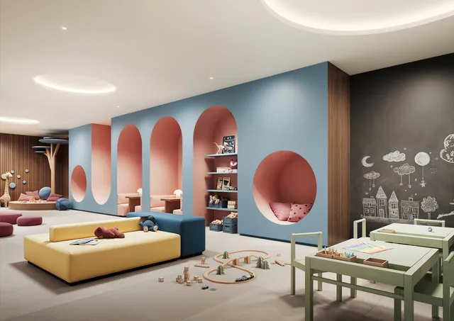 a living room with furniture and a large mirror