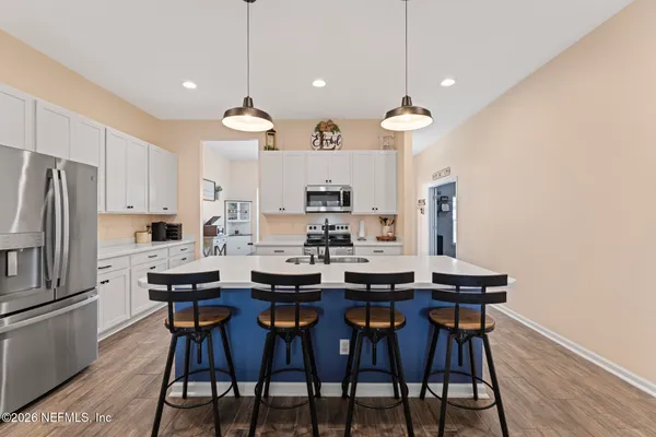 a view of a dining room with furniture