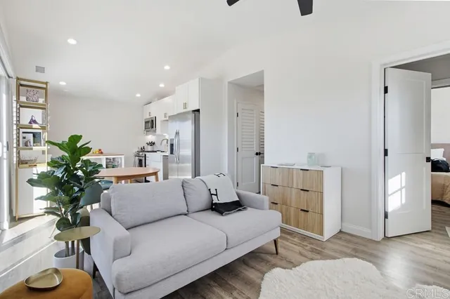 a living room with furniture and a potted plant